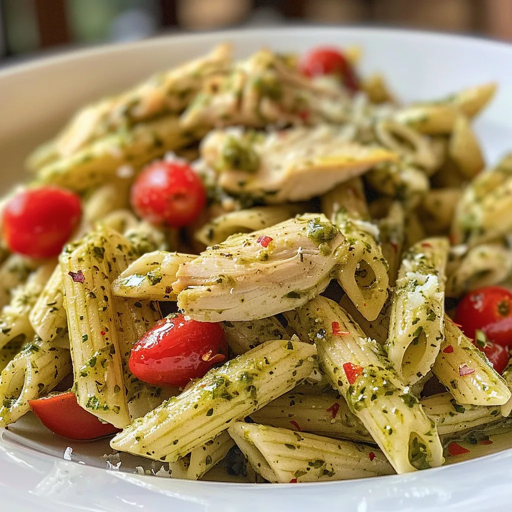 Primer plano de una ensalada de pasta con pollo, pesto y verduras coloridas.