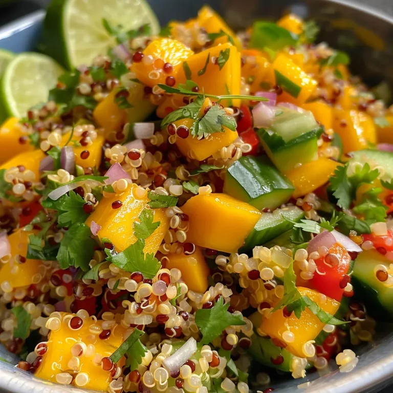 Ensalada de quinoa con mango, vista lateral cercana, con ingredientes frescos.