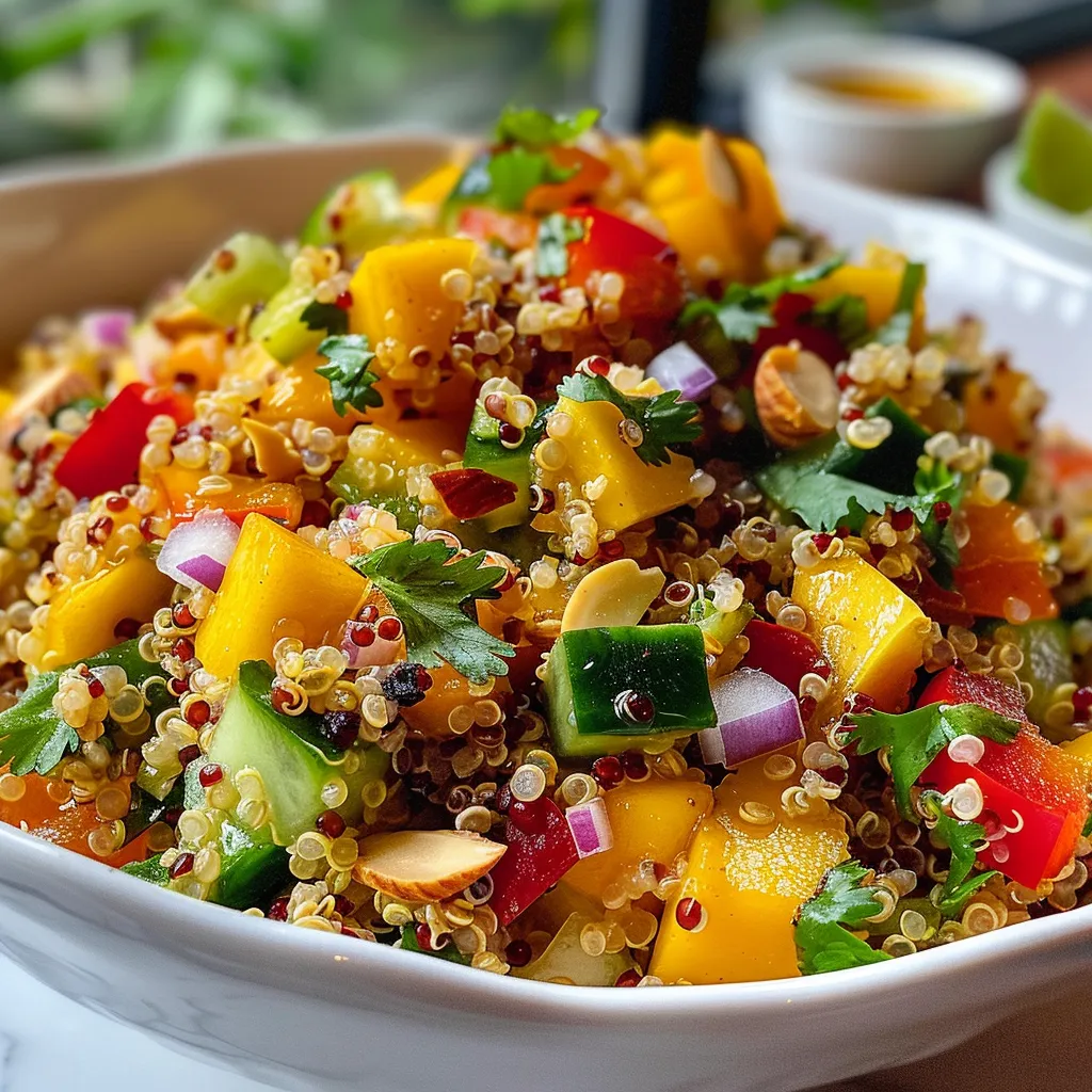 Tazón de ensalada colorida con quinoa, mango y vegetales picados.