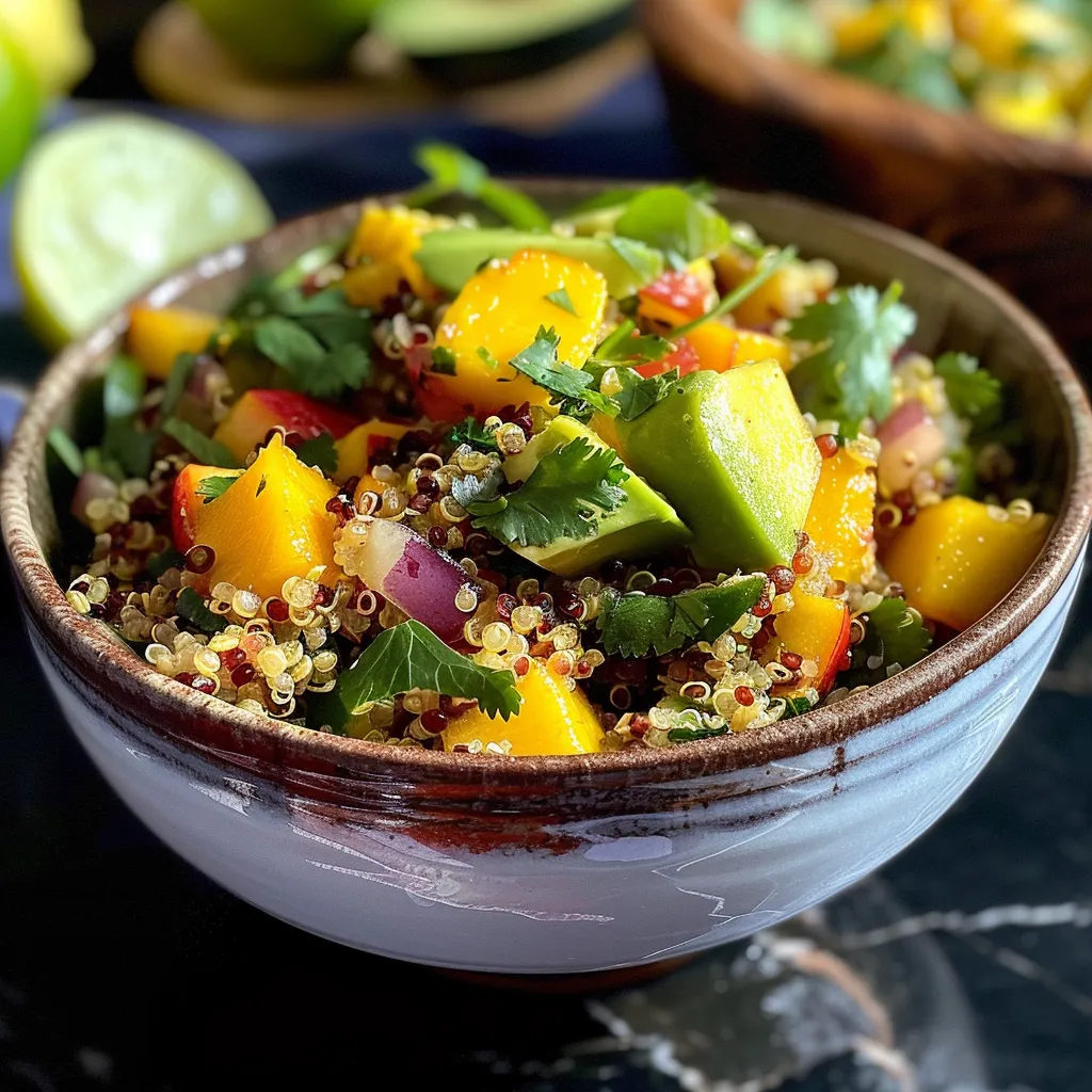 Primer plano de una ensalada vibrante de quinoa y mango, con trozos de aguacate y vegetales.