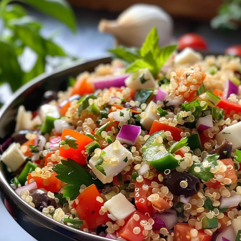 Ensalada Mediterránea de Quinoa Frescura y Sabor en Cada Bocado Ensalada de quinoa colorida con verduras frescas y queso feta.