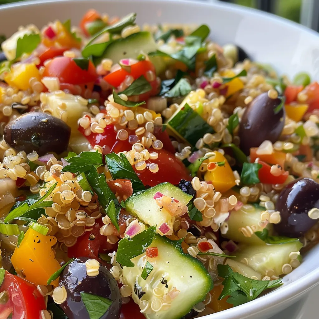 Primer plano de ensalada de quinoa con pimiento rojo, pepino y tomates cherry.