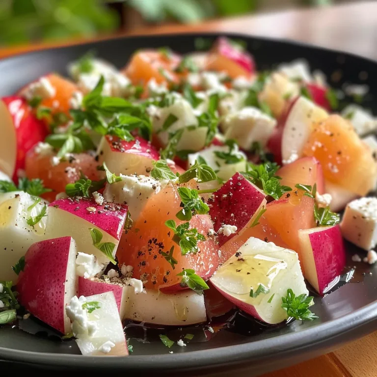 Nahaufnahme eines frischen Wassermelonen- und Käse-Salats mit Kräutern.