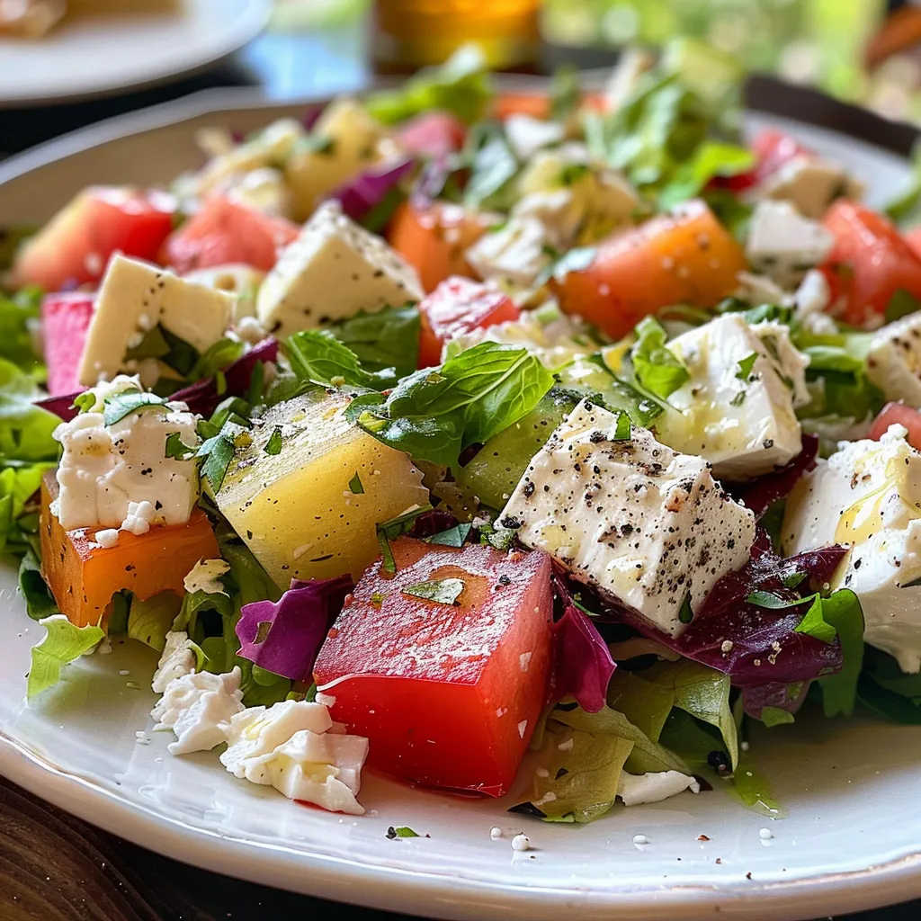 Seitenansicht einer bunten Ensalada de Sandía y Queso auf einem Teller.