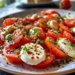 Ensalada de tomate y albahaca con bolitas de mozzarella, vista lateral.