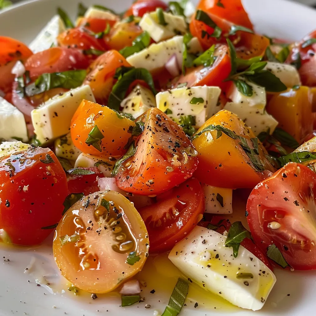 Primer plano de ensalada fresca de tomates y albahaca en un plato.