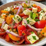 Nahaufnahme von einer bunten Ensalada de tomate, pepino und queso fresco in einer Schüssel.