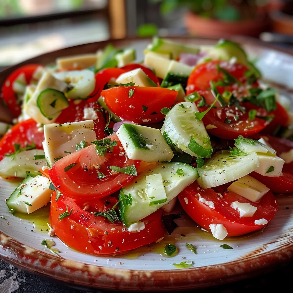 Frische Salatzutaten wie Tomaten, Gurken und Käse im Vordergrund auf einem Tisch.