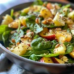 Ensalada de espinacas con rodajas de manzana y nueces en un tazón.