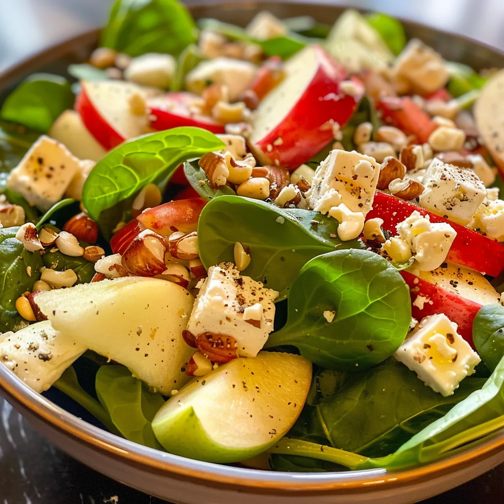 Primer plano de una ensalada fresca con espinacas, manzana y nueces, decorada con queso feta.