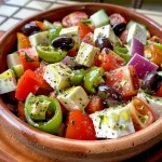 Ensalada griega colorida en un tazón, con tomates, cebolla roja y queso feta.