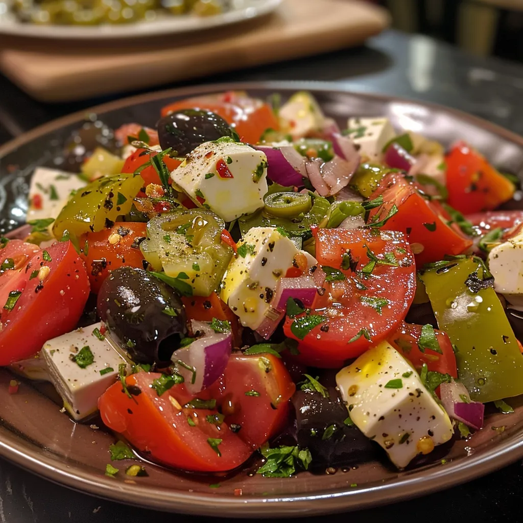 Primer plano de una ensalada griega fresca con aceitunas y pepino.