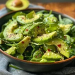Ensalada verde con espinacas frescas, aguacate y semillas, vista lateral.