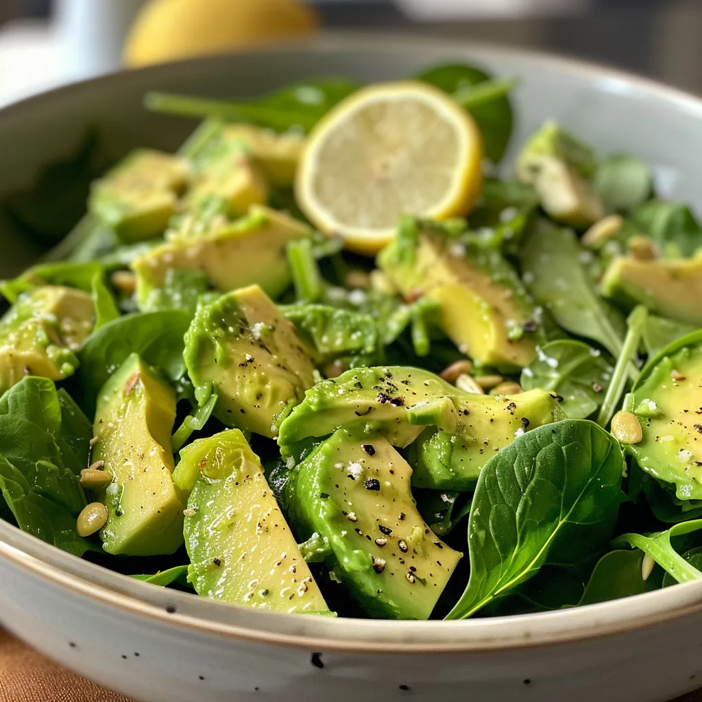 Detalle de una ensalada con espinacas, aguacate cortado y semillas, fotografía de cerca.