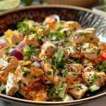 Vista lateral de una ensalada cremosa con pollo, arándanos y aderezo.