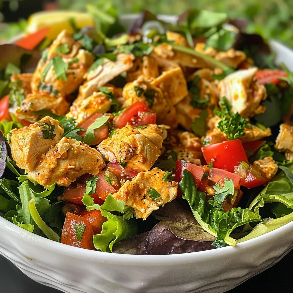 Close-up de ensalada cremosa con pollo desmenuzado, arándanos y nueces.