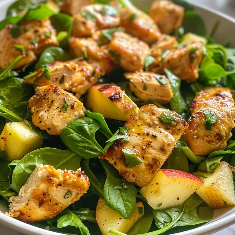 Vista lateral de ensalada con pollo, manzana y nueces.