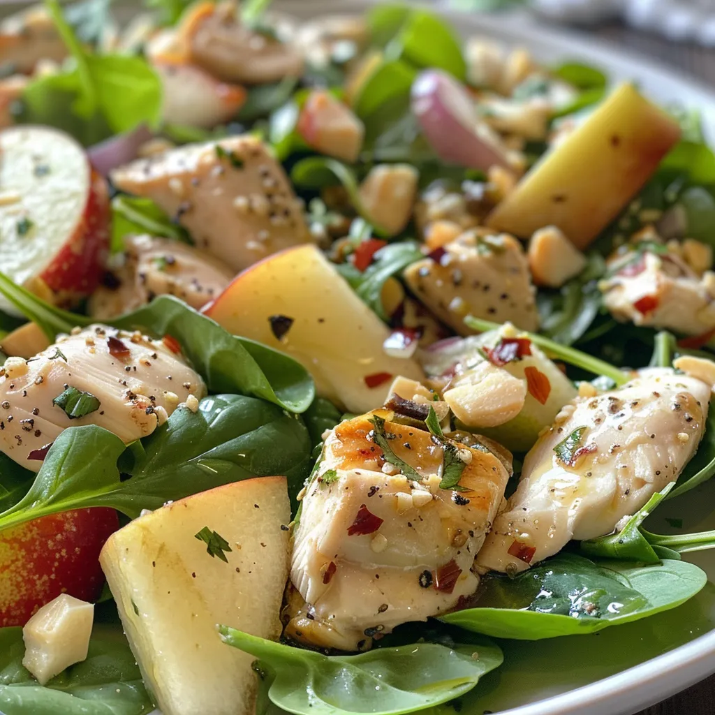 Ensalada colorida de espinacas baby, pollo y arándanos secos.