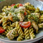 Ensalada de pasta con pesto y pollo desmenuzado, presentada elegantemente.
