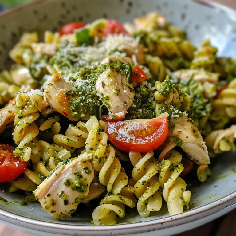 Ensalada de pasta con pesto y pollo desmenuzado, presentada elegantemente.