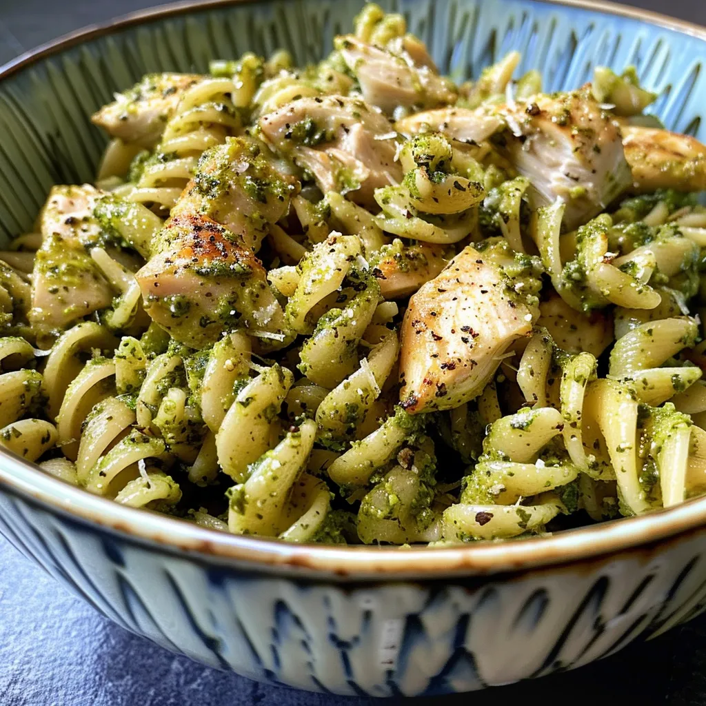 Imagen lateral de ensalada de pasta con pollo, pesto y vegetales coloridos.