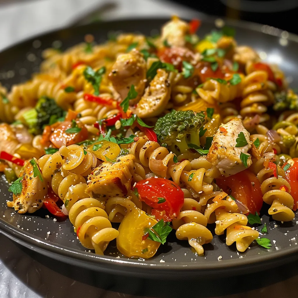 Placa de ensalada de pasta integral con pollo, aderezada con aceite de oliva.