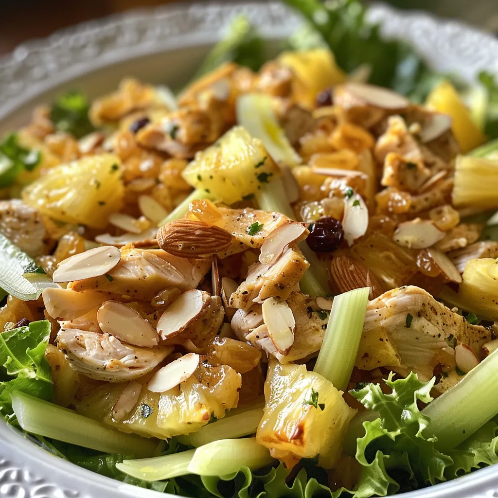 Ensalada colorida de piña y pollo, con trozos de almendra y pasas.