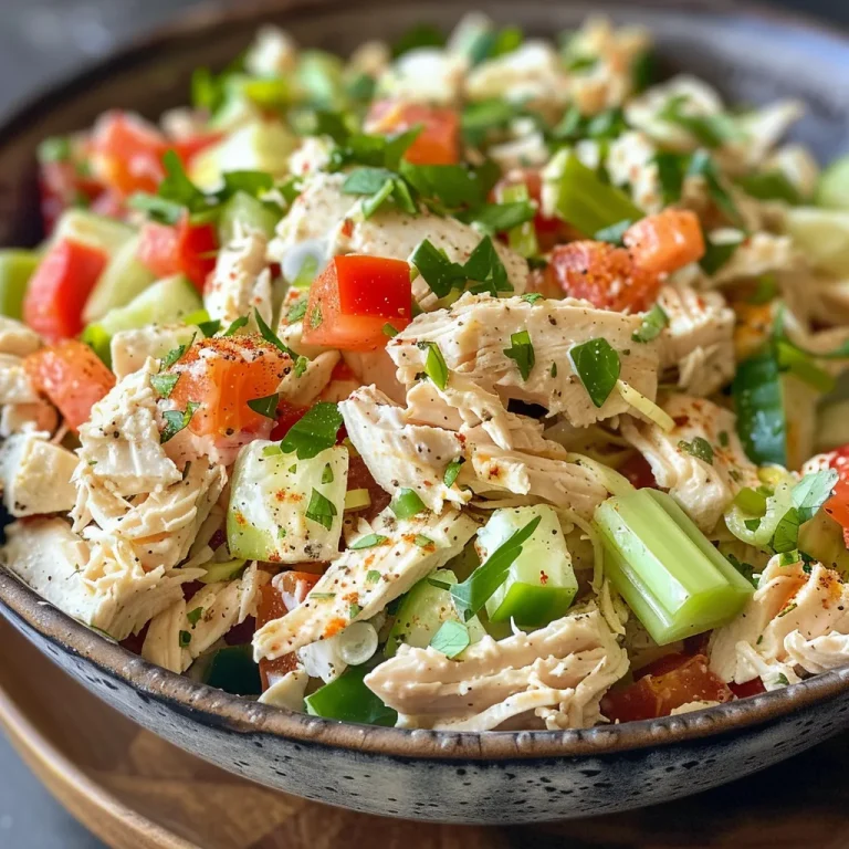 Ensalada de pollo con trozos de pimiento rojo y apio.