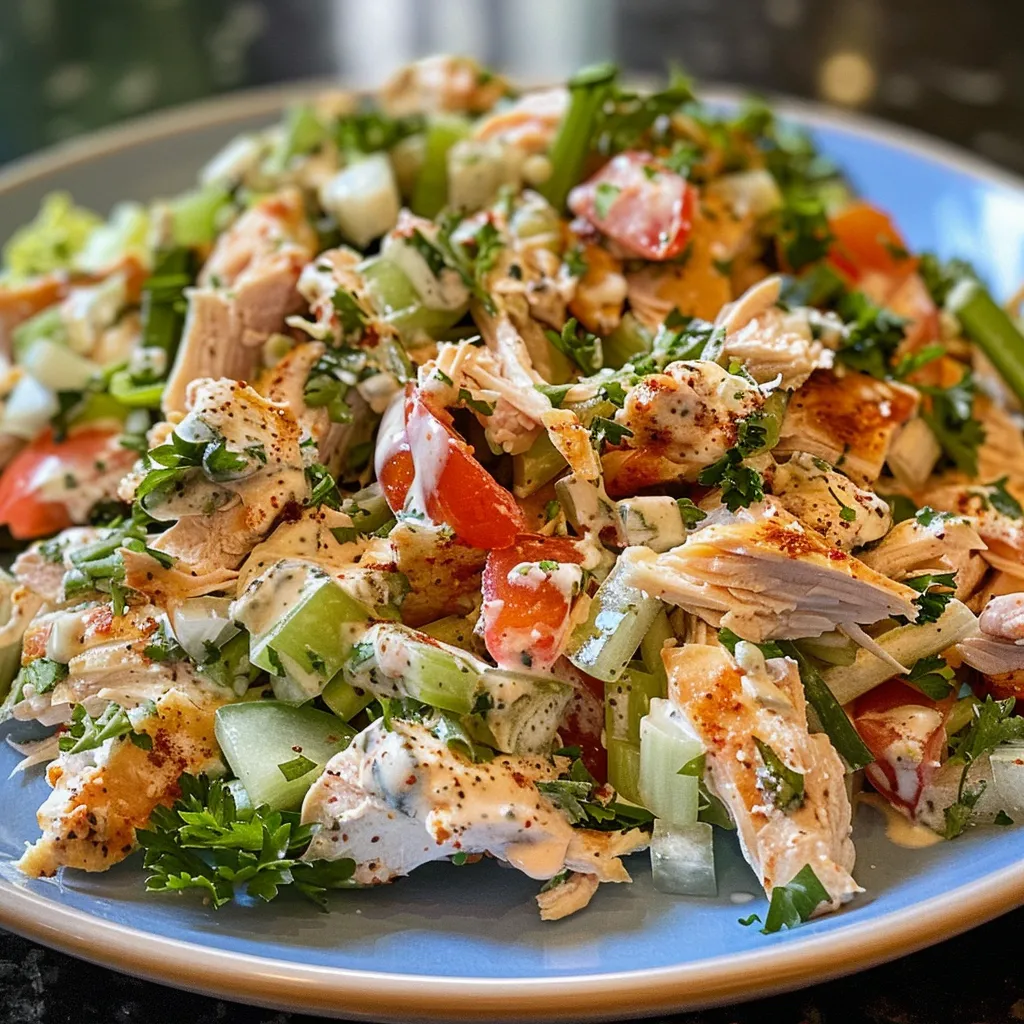 Detalle de ensalada de pollo servida con un fondo neutro.