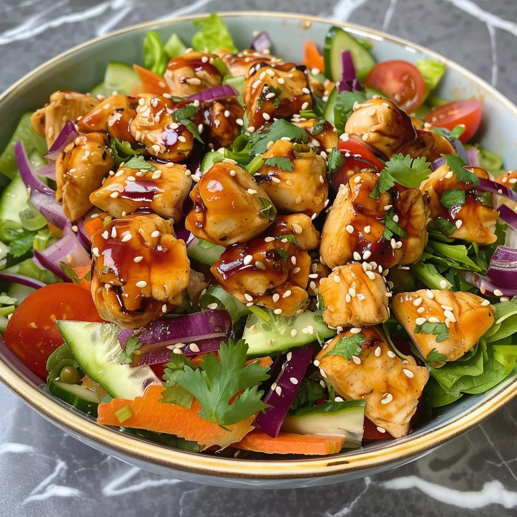 Detalle de ensalada con pollo cocido, verduras y aderezo, servido en un tazón.
