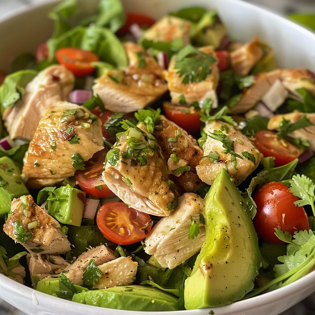 Vista cercana de Ensalada de Pollo con Aguacate, resaltando el aguacate y los tomates cherry.