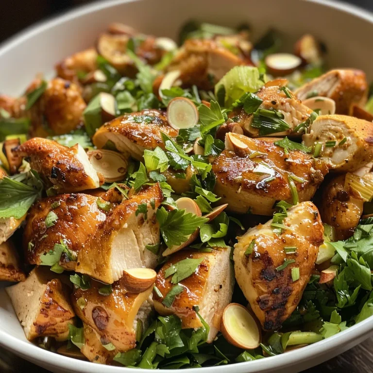 Ensalada de Pollo con Almendras servida en un tazón, decorada con perejil picado y almendras.