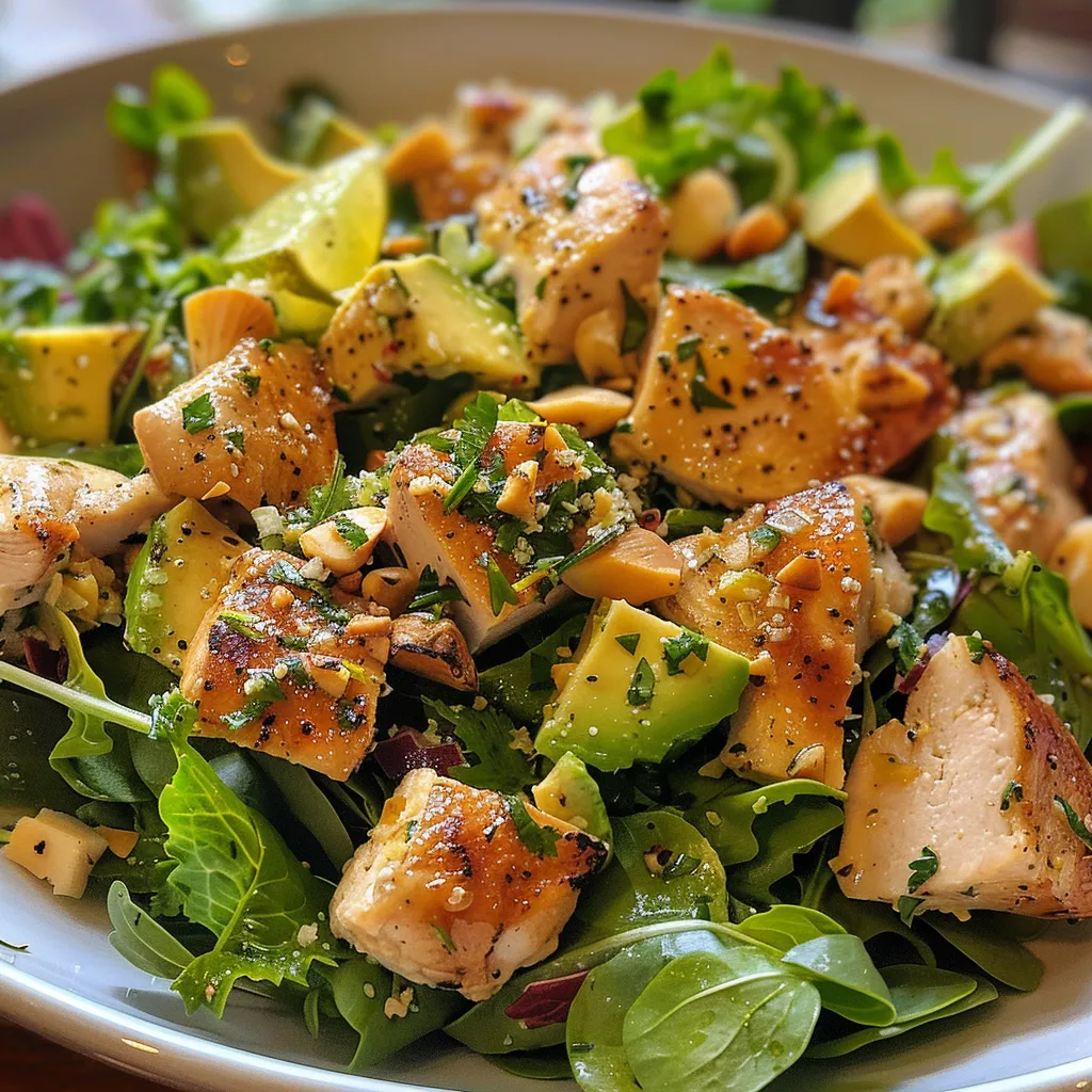 Vista lateral de una Ensalada de Pollo con almendras, mostrando una variedad de ingredientes coloridos.