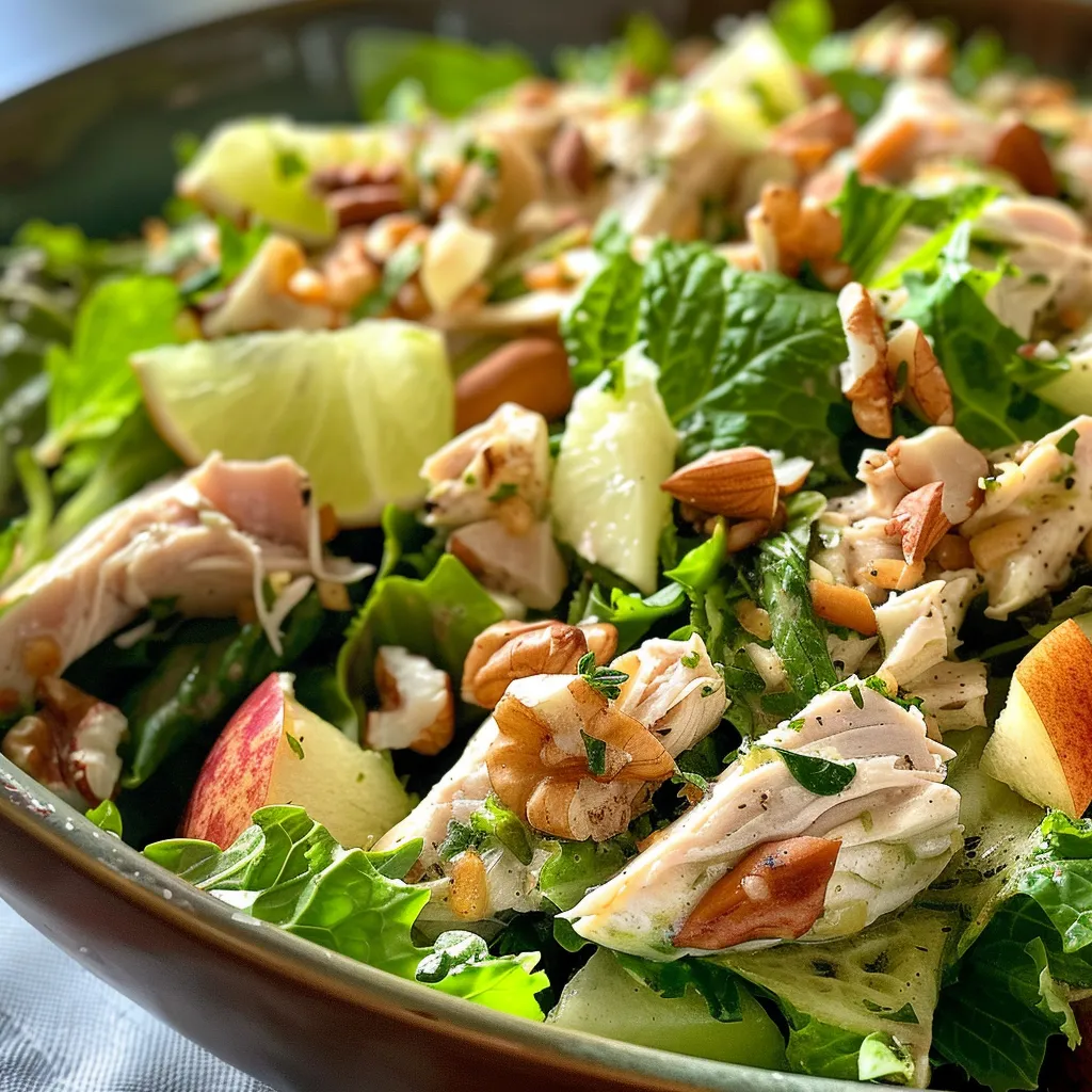 Vista lateral de ensalada de pollo, manzana y nueces sobre lechuga.
