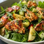 Ensalada de pollo con miel, con hojas verdes y nueces en un plato.