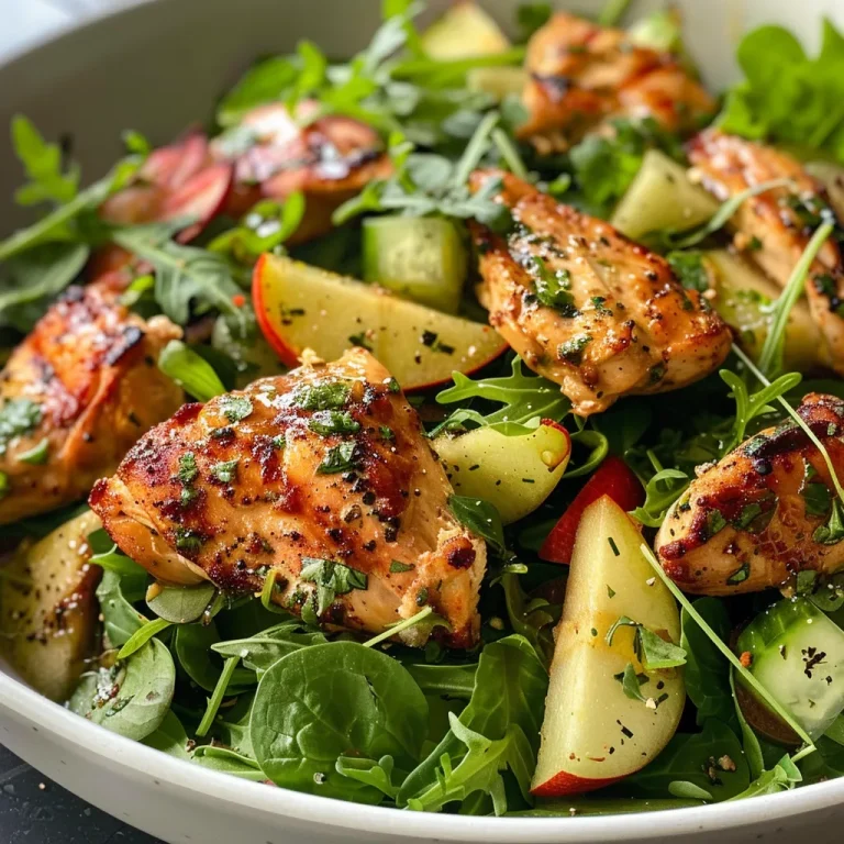 Ensalada de pollo con miel, con hojas verdes y nueces en un plato.
