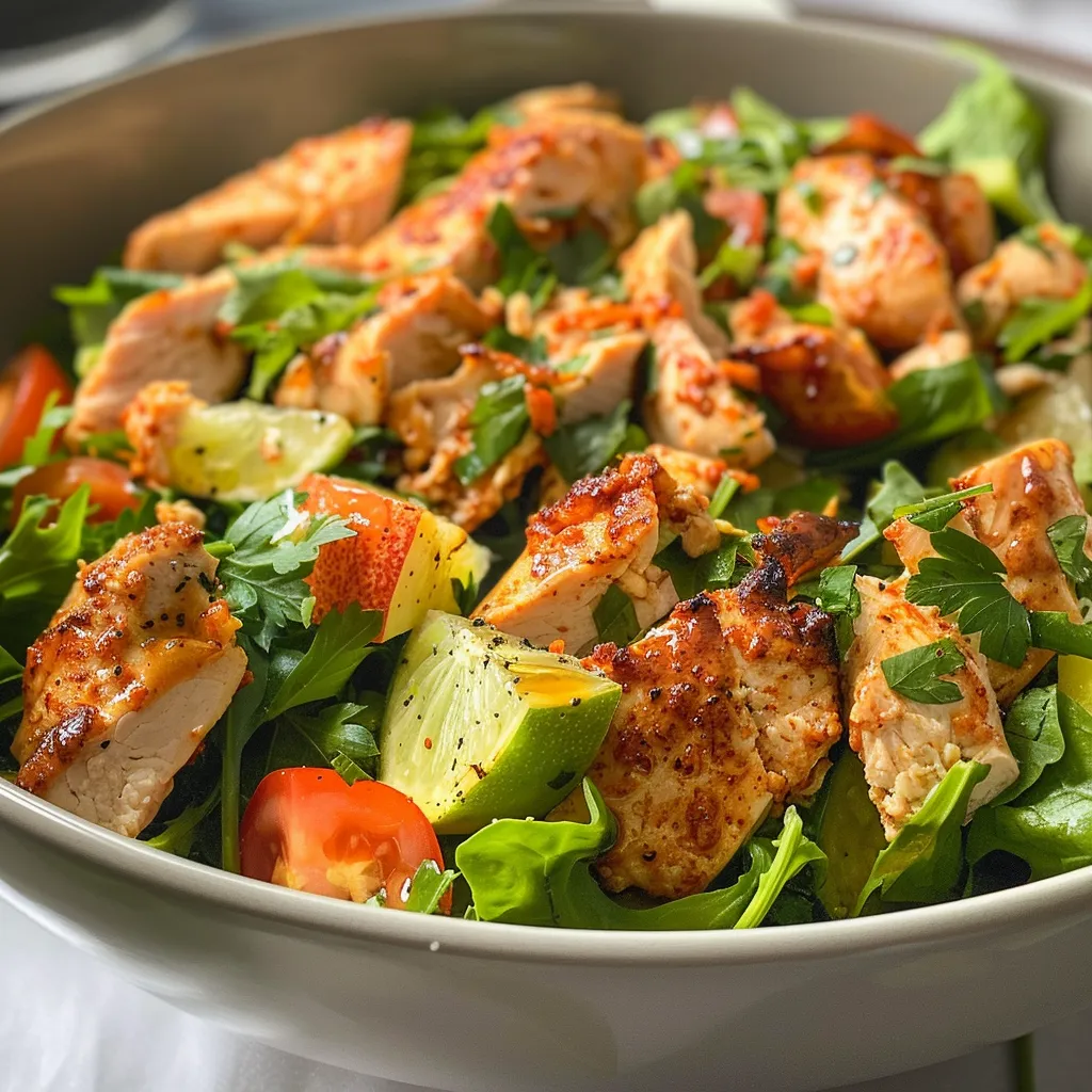 Ensalada de pollo desmenuzado con aderezo de yogur y miel, vista lateral.