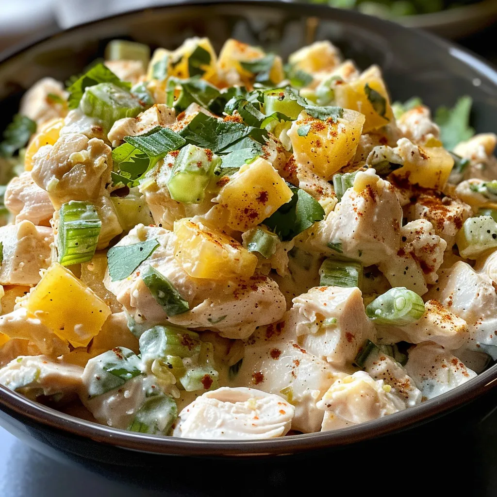 Primer plano de una ensalada de pollo con ingredientes frescos y vibrantes.