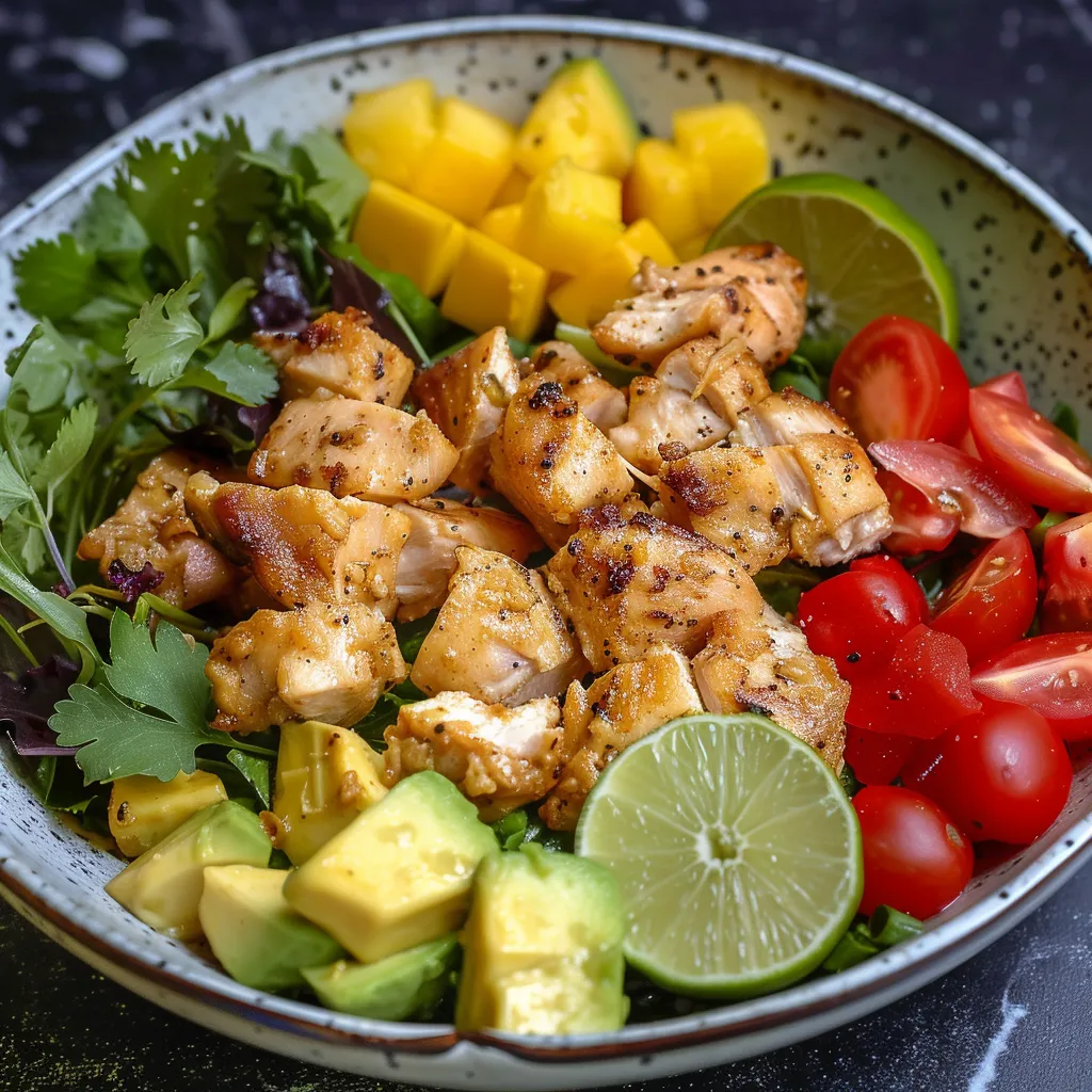 Ensalada de Pollo Hawaiana con ingredientes vibrantes como tomate cherry y cebolla roja.