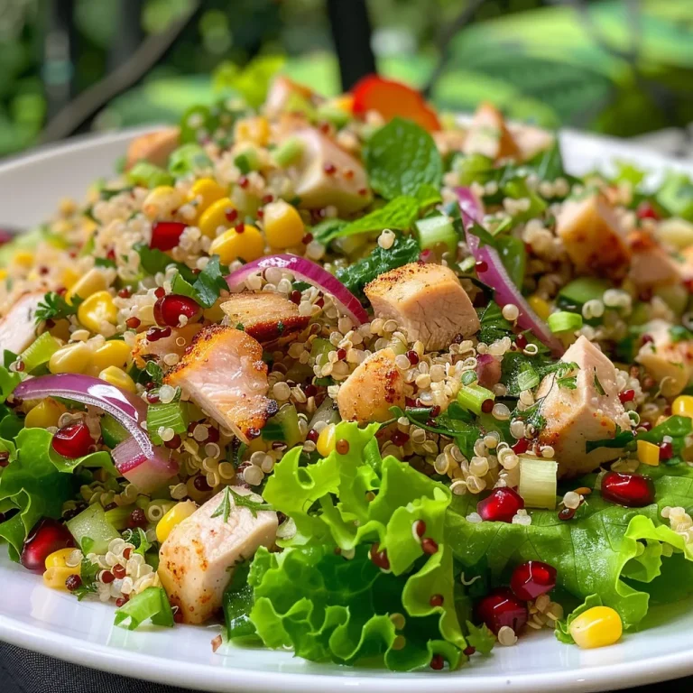 Vista lateral de una colorida ensalada de quinoa con pechuga de pollo.