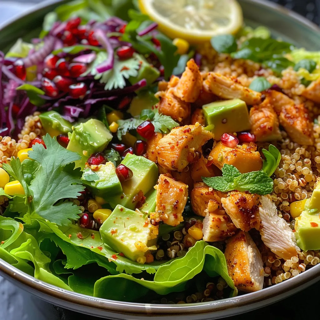 Ensalada de quinoa con pollo, maíz y hierbas frescas.