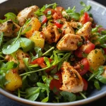 Ensalada colorida de rúcula, pollo y frutos rojos, con aderezo.