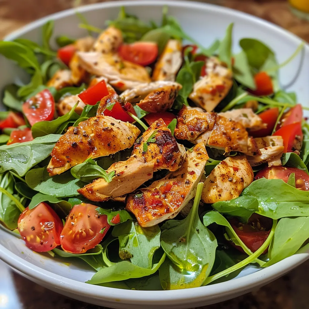 Vista lateral de ensalada fresca con rúcula, pollo y vinagreta.