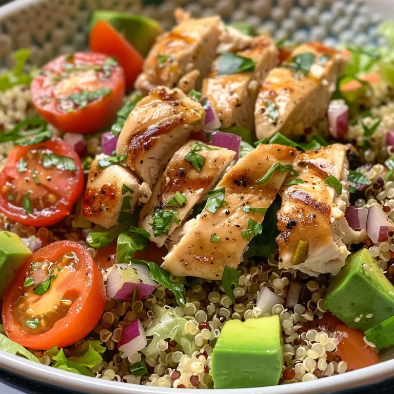 Ensalada colorida con trozos de pollo a la parrilla, quinoa y aderezos en un tazón.