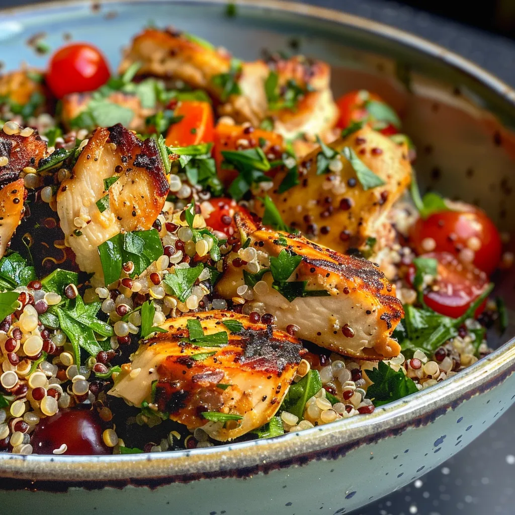 Vista lateral de una ensalada mediterránea con quinoa y pollo, decorada con hierbas frescas.
