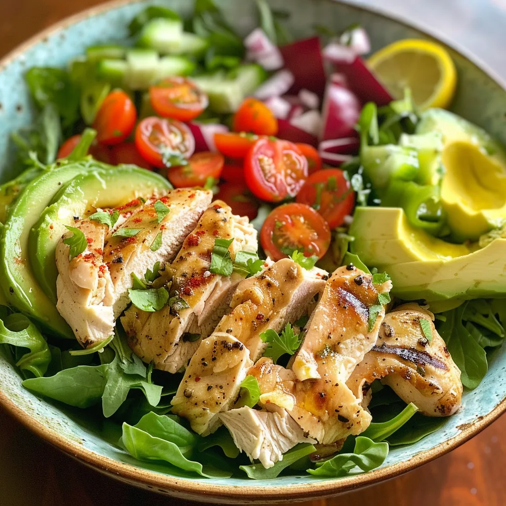 Ensalada Pollo Avocado presentada en un plato, con aderezo visible.