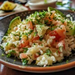 Ensaladilla de arroz y aguacate en un plato, con ingredientes visibles.