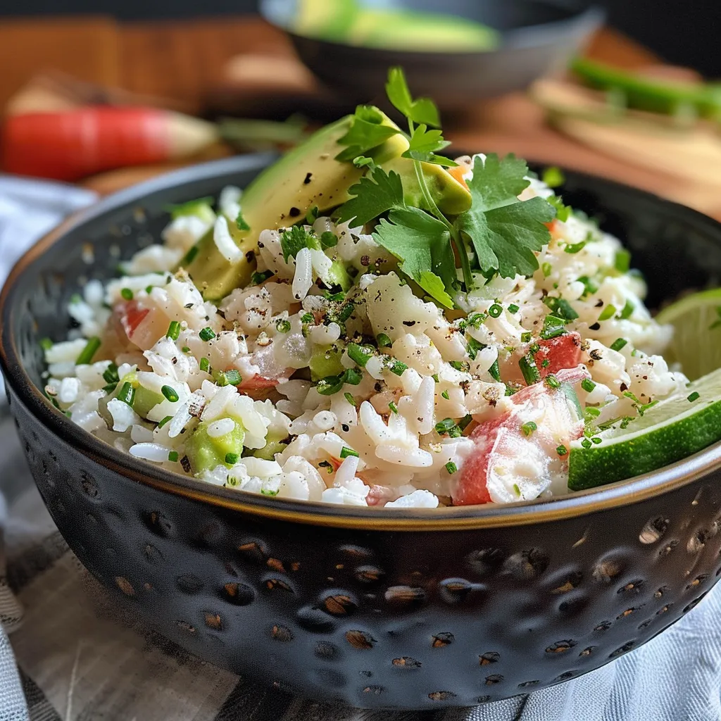 Primer plano de ensaladilla de arroz con trozos de aguacate y surimi.