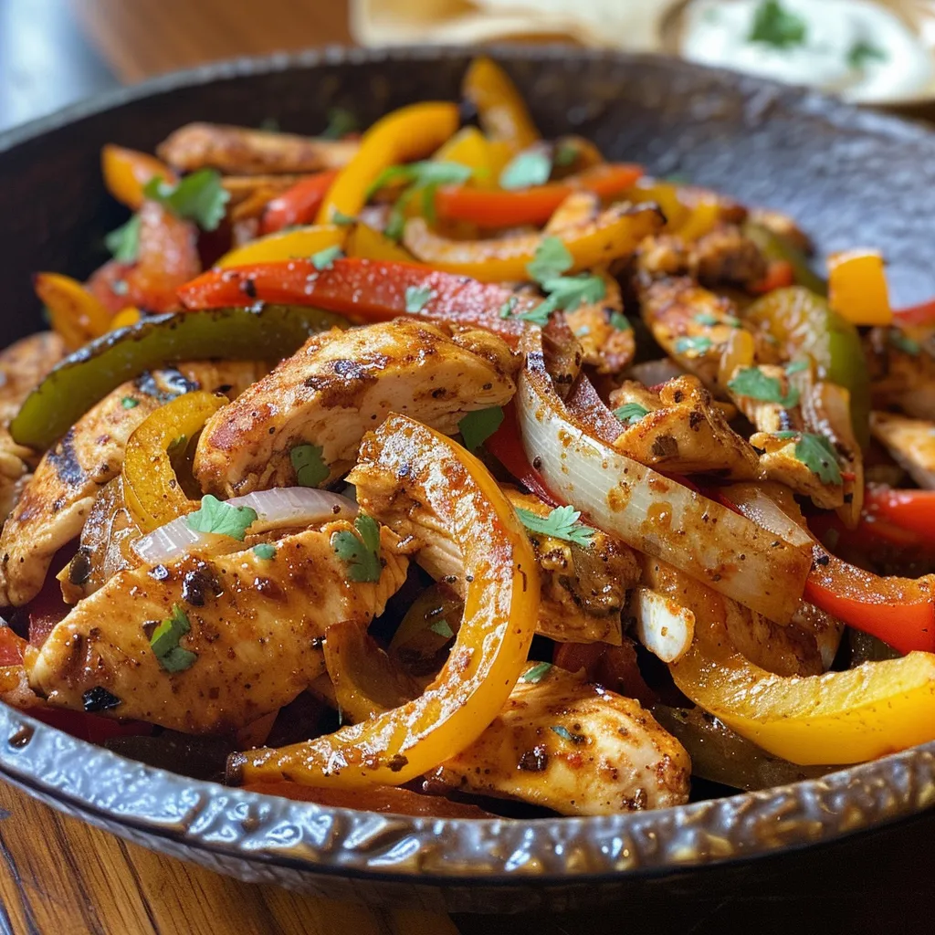 Primer plano de fajitas de pollo con pimientos y cebolla en una tortilla caliente.