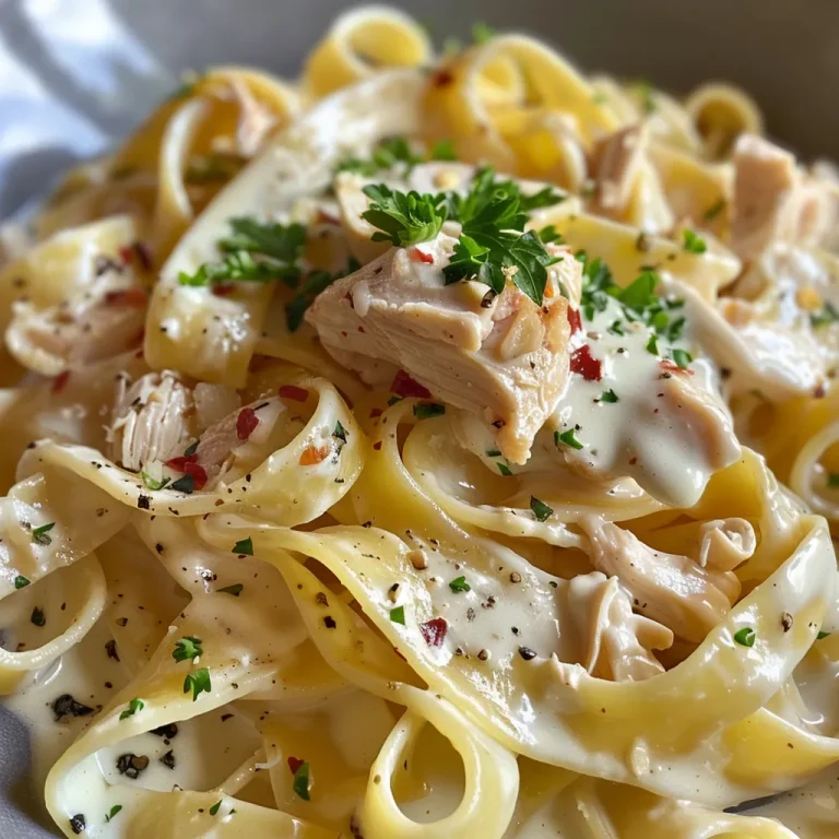 Fettuccine cremoso con trozos de pollo y espárragos, presentado en un plato rústico.